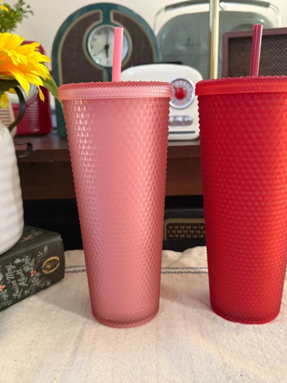 Starbucks Pink & Red Textured Cold Cups with Straws Set of 2